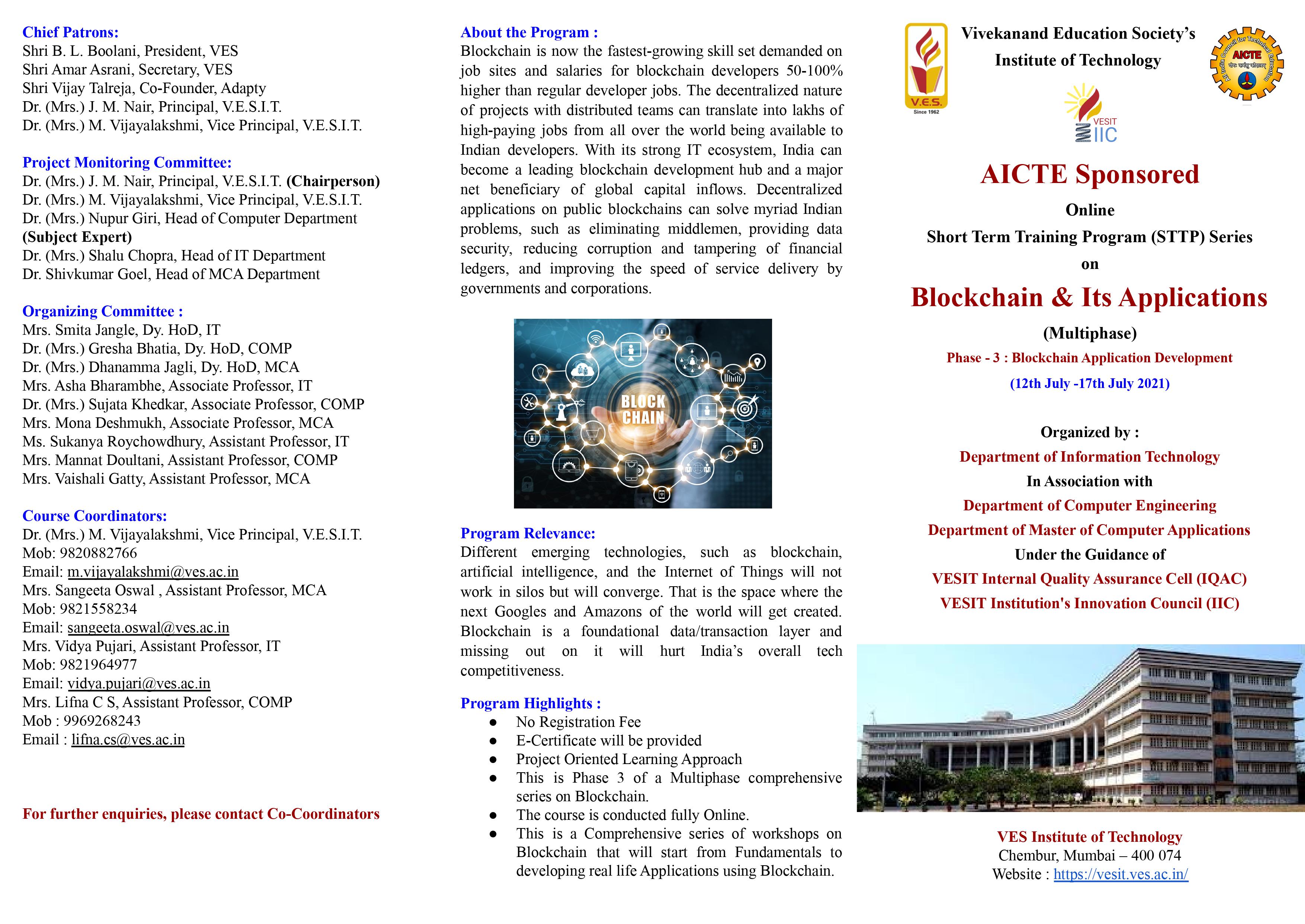 STTP PHASE 3 " Blockchain and its application"
Year : 2020-21